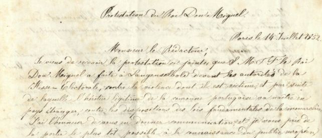 Brief Dom Miguels vom 14. Juli 1852 (Vorlage: LABW StAWt R-Lit. D Nr. 394)