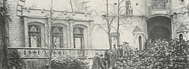 Demonstration vor dem Sigmaringer Schloss im Februar 1919.
Der Ausschnitt stammt aus dem Bild mit der Signatur: StAS Sa T 1 Sa 75/264