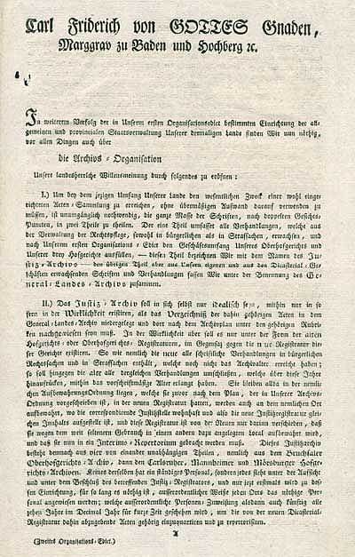 Zweites Organisationsedikts über die badische Archivorganisation, Karlsruhe 8. Feb. 1803