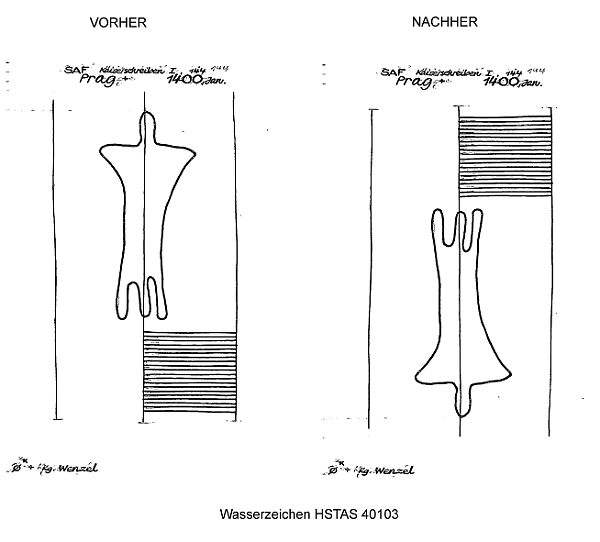 Vorher und Nachher-Ansicht der Ausrichtung eines Wasserzeichens Typ "Glocke" (Nr. 40103)