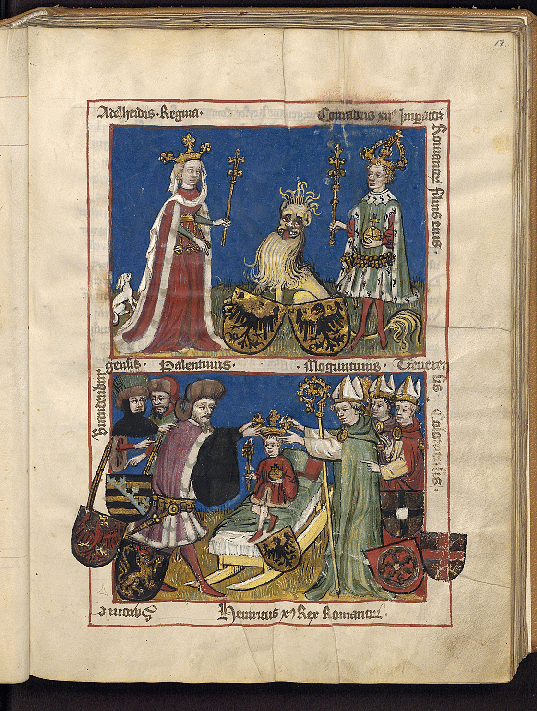 Adelheid von Metz, Gründerin des Kanonikerstifts St. Peter und Paul in Öhringen, als Stammmutter der salischen Könige und Kaiser - Abbildung im Obleybuch des Stifts, HZAN GA 120 Nr. 5, S. 17, um 1428.
